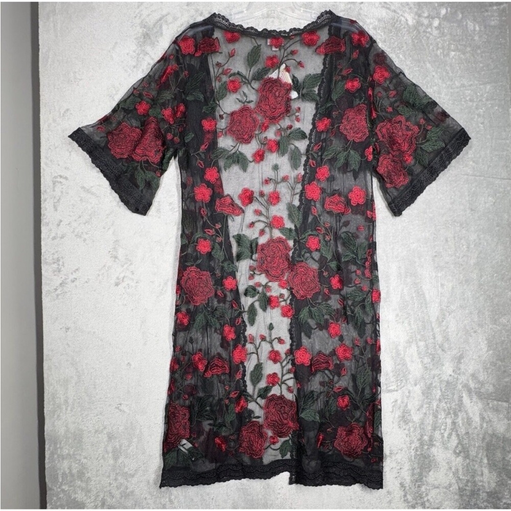 Lularoe S Embroidered Rose Chloe Kimono Black Lace Red Floral Kaftan Robe Duster - Picture 4 of 7
